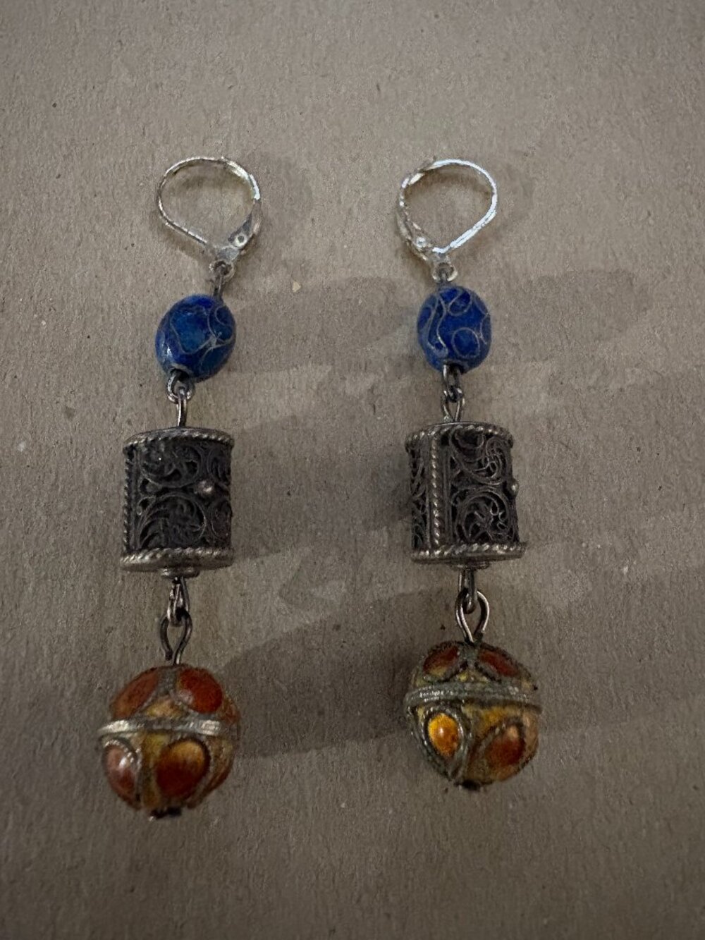 Vintage 70s Chinese cloisonne & brass bead pendant earrings